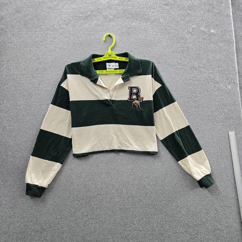Disney Women Shirt S Green Striped Rugby Shirt Cropped Embroidered Collared